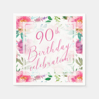 トロピカルピンクフラワーの水彩画 90歳の誕生日 スタンダードカクテルナプキン