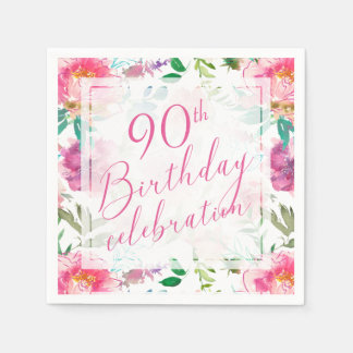 トロピカルピンクフラワーの水彩画 90歳の誕生日 スタンダードカクテルナプキン