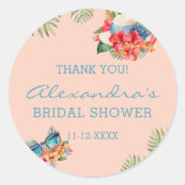 トロピカルピンクフラワービーチブライダルシャワーありがとう ラウンドシール (正面)
