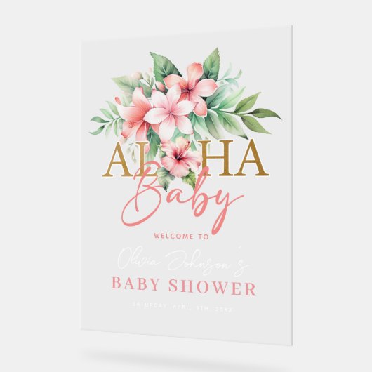トロピカルピンクフローラアロハベビーシャワーウェルカム アクリルサイン (傾斜)