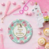 トロピカルピンクフローラパームツリー、誕生日写真 ペーパープレート (パーティー)