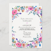 トロピカルピンクフローラ水彩ウェディング招待 招待状 (正面/裏面)
