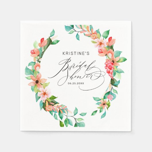 トロピカルピンクフローラ水彩ブライダルシャワー スタンダードカクテルナプキン (正面)