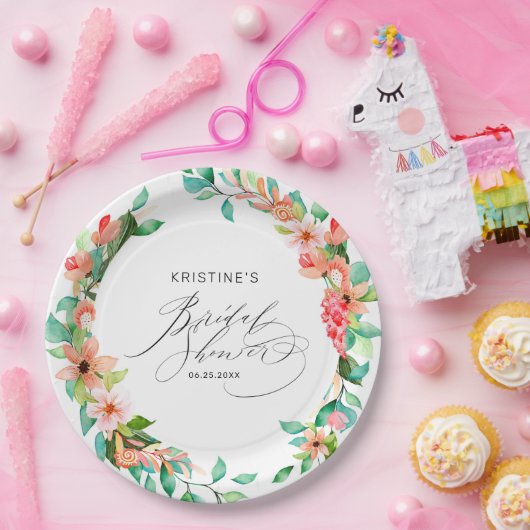 トロピカルピンクフローラ水彩ブライダルシャワー ペーパープレート (パーティー)