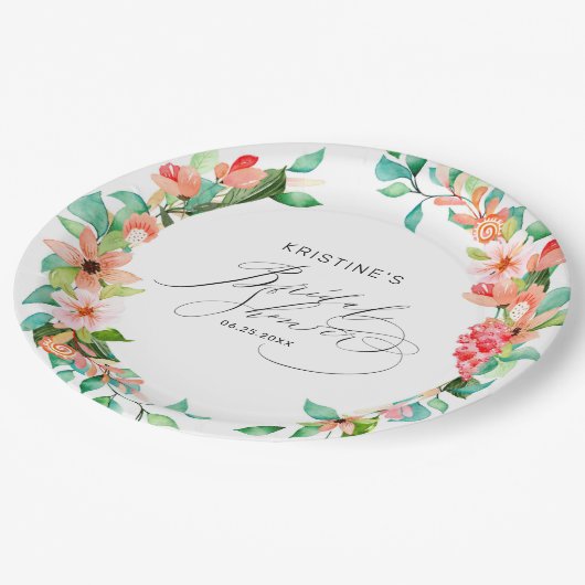 トロピカルピンクフローラ水彩ブライダルシャワー ペーパープレート (アングル)