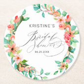 トロピカルピンクフローラ水彩ブライダルシャワー ラウンドペーパーコースター (正面)