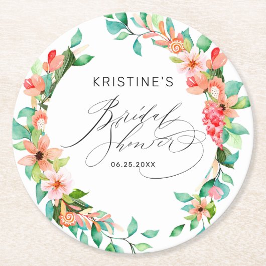 トロピカルピンクフローラ水彩ブライダルシャワー ラウンドペーパーコースター (正面)