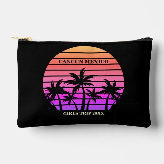トロピカルピンクブラックパームツリーズカスタムビーチ アクセサリーポーチ (正面)