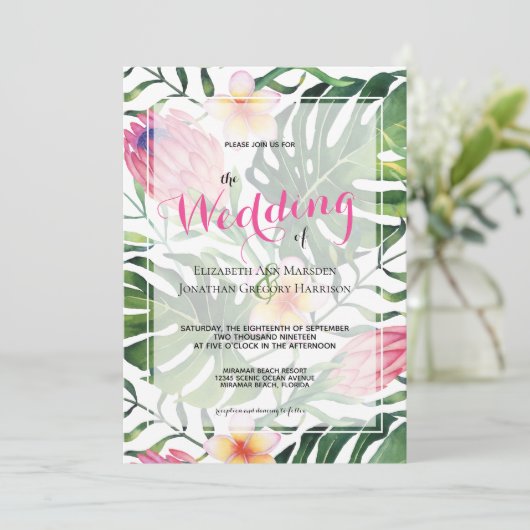 トロピカルピンクプロテアグリーン結婚フローラ 招待状 (スタンド正面)