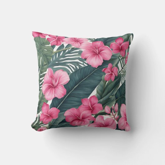 トロピカルピンクホリデーフローラプリント クッション (正面)