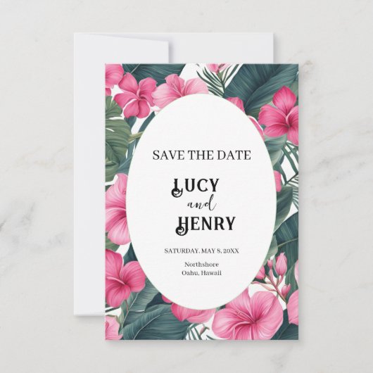 トロピカルピンクホリデーフローラルウェディング セーブザデート (正面)