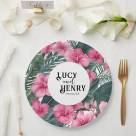 トロピカルピンクホリデーフローラ結婚プリント ペーパープレート