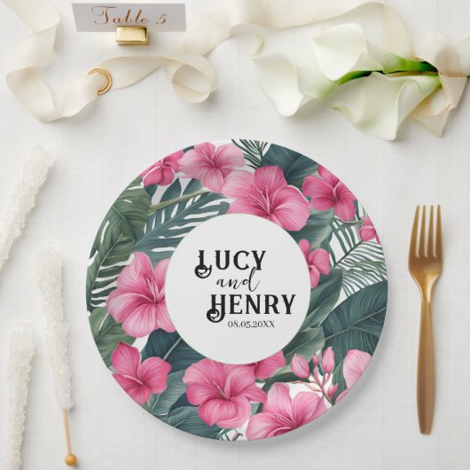 トロピカルピンクホリデーフローラ結婚プリント ペーパープレート (ウェディング)