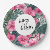 トロピカルピンクホリデーフローラ結婚プリント ペーパープレート (正面)
