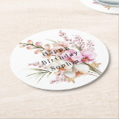 トロピカルピンクホワイトオーキッドフラワーズ誕生日 ラウンドペーパーコースター (アングル)