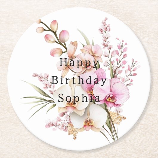 トロピカルピンクホワイトオーキッドフラワーズ誕生日 ラウンドペーパーコースター (正面)