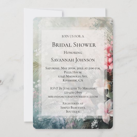 トロピカルピンクホワイトハイビスカスフローラブライダルシャワー 招待状 (正面)