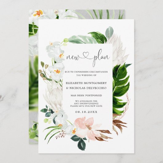 トロピカルピンクホワイトフローラ|延期結婚日 招待状 (正面/裏面)