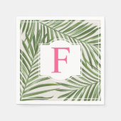 トロピカルピンクモノグラムグリーンパーム葉 スタンダードカクテルナプキン (正面)