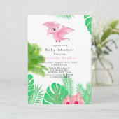 トロピカルピンク恐竜かわいい女の子の赤ちゃんシャワー 招待状 (スタンド正面)