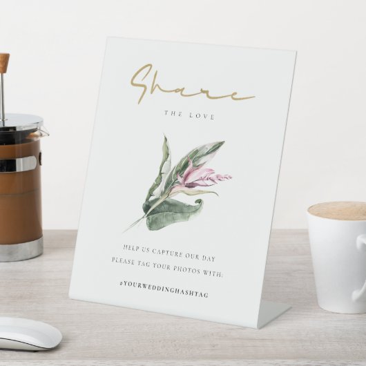 トロピカルピンク結婚フローラのハッシュタグ共有ラブ 台座サイン (インサイチュ)