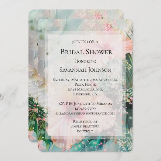 トロピカルピンク赤面ハイビスカスフラワーズブライダルシャワー 招待状 (正面/裏面)