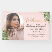 トロピカルピンク金ゴールドアーチ写真卒業パーティー 横断幕 (横)