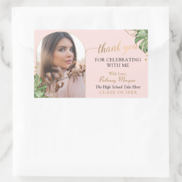 トロピカルピンク金ゴールドアーチ写真卒業 長方形シール