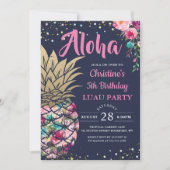 トロピカルピンク金ゴールドパイナップルネイビーブルー誕生日 招待状 (正面)