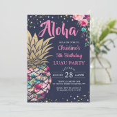 トロピカルピンク金ゴールドパイナップルネイビーブルー誕生日 招待状 (スタンド正面)