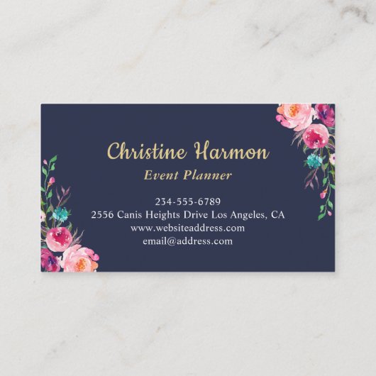 トロピカルピンク金ゴールドパイナップルフローラネイビーブルー 名刺 (裏面)