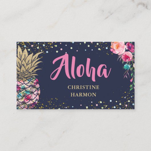 トロピカルピンク金ゴールドパイナップルフローラネイビーブルー 名刺 (正面)