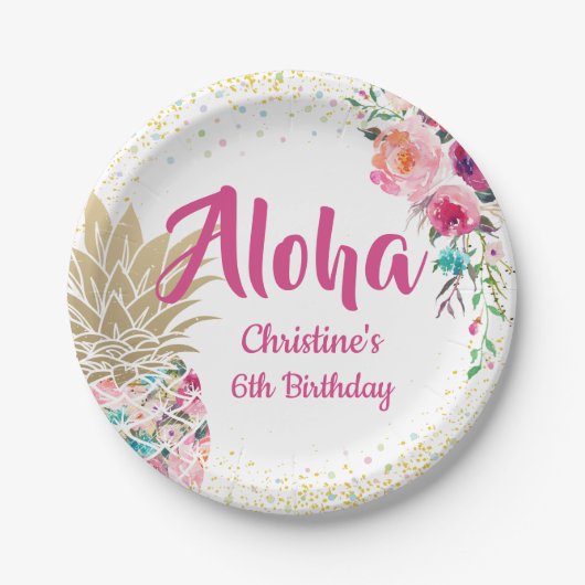 トロピカルピンク金ゴールドパイナップルフローラ紙プレート ペーパープレート (正面)