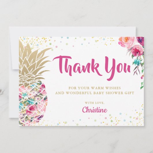 トロピカルピンク金ゴールドパイナップルベビーシャワーありがとう 招待状 (正面)