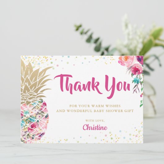 トロピカルピンク金ゴールドパイナップルベビーシャワーありがとう 招待状 (スタンド正面)