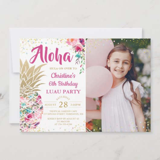 トロピカルピンク金ゴールドパイナップルルアウ(ハワイ式宴会)誕生日写真 招待状 (正面)
