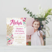 トロピカルピンク金ゴールドパイナップルルアウ(ハワイ式宴会)誕生日写真 招待状 (スタンド正面)
