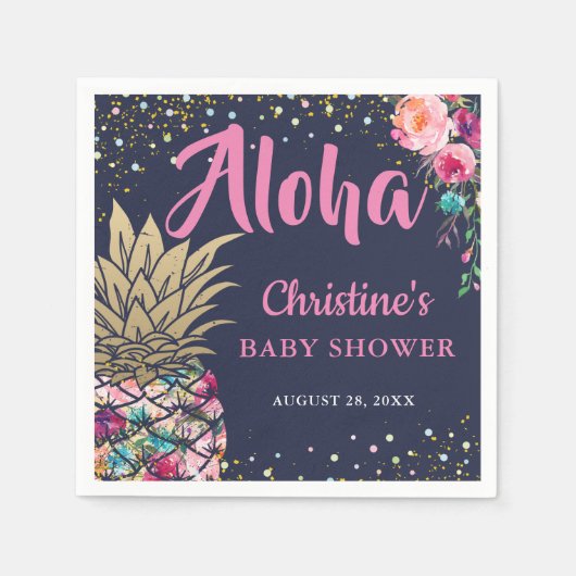 トロピカルピンク金ゴールドパイナップル海軍ブルーベビーシャワー スタンダードカクテルナプキン (正面)