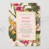 トロピカルピンク金ゴールド&グリーンブライダルシャワー 招待状 (正面/裏面)