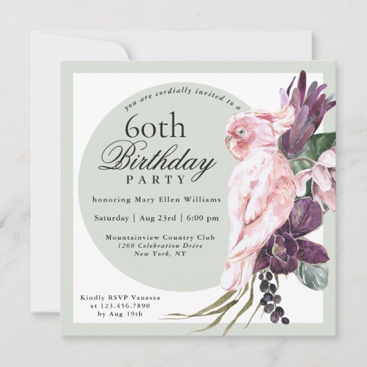 トロピカルピンク鸚鵡とセージフローラ60誕生日 招待状 (正面)