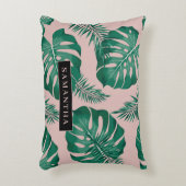 トロピカルピンク&グリーンパーム葉のパターン&名前 アクセントクッション (正面(垂直))
