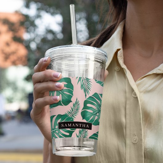 トロピカルピンク&グリーンパーム葉のパターン&名前 アクリルタンブラー