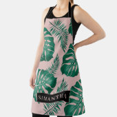 トロピカルピンク&グリーンパーム葉のパターン&名前 エプロン (インサイチュ)