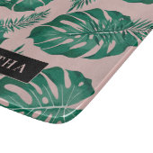 トロピカルピンク&グリーンパーム葉のパターン&名前 カッティングボード (角)