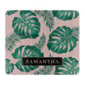 トロピカルピンク&グリーンパーム葉のパターン&名前 カッティングボード (正面)