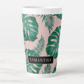 トロピカルピンク&グリーンパーム葉のパターン&名前 カフェラテマグ (正面)