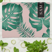 トロピカルピンク&グリーンパーム葉のパターン&名前 キッチンタオル (折り畳み)