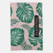 トロピカルピンク&グリーンパーム葉のパターン&名前 キッチンタオル (縦)