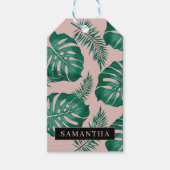 トロピカルピンク&グリーンパーム葉のパターン&名前 ギフトタグ (正面)