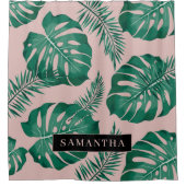 トロピカルピンク&グリーンパーム葉のパターン&名前 シャワーカーテン (正面)